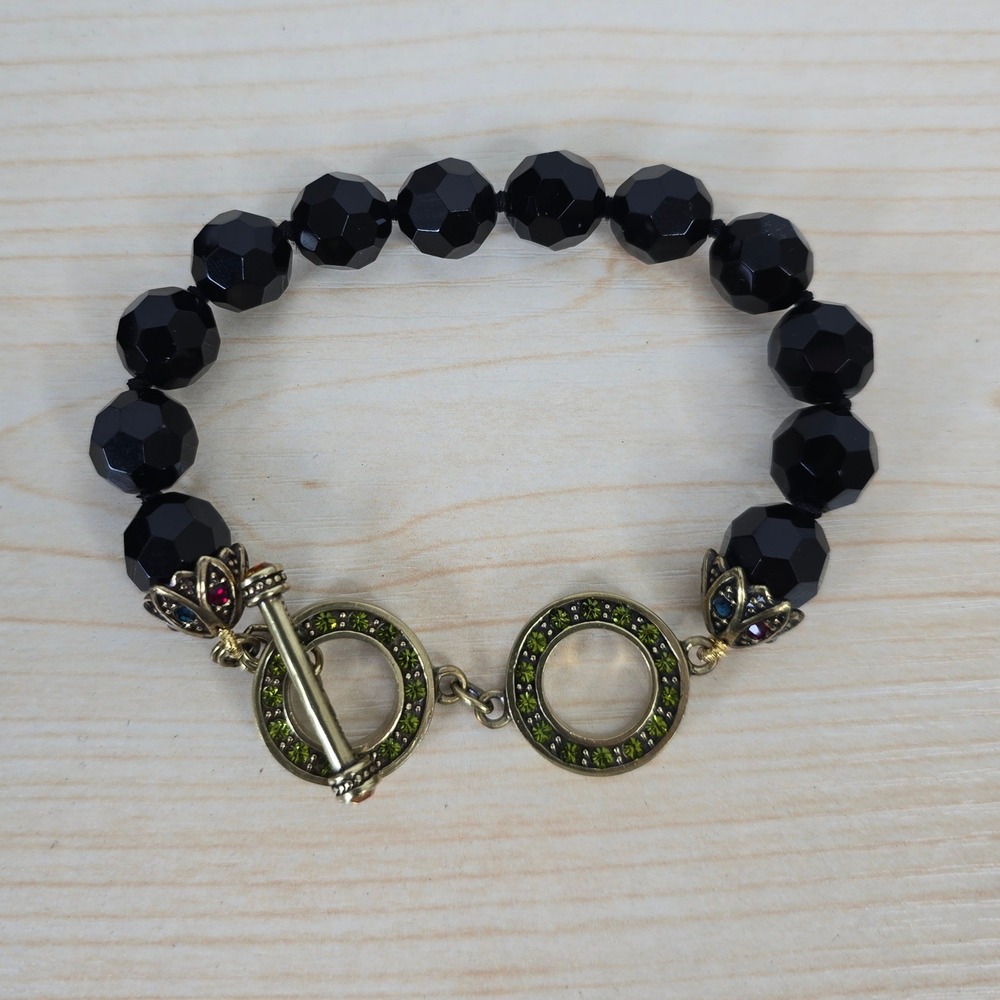 Heidi Daus Black Faceted Bead Toggle Bracelet Bronze Green Crystal Accents